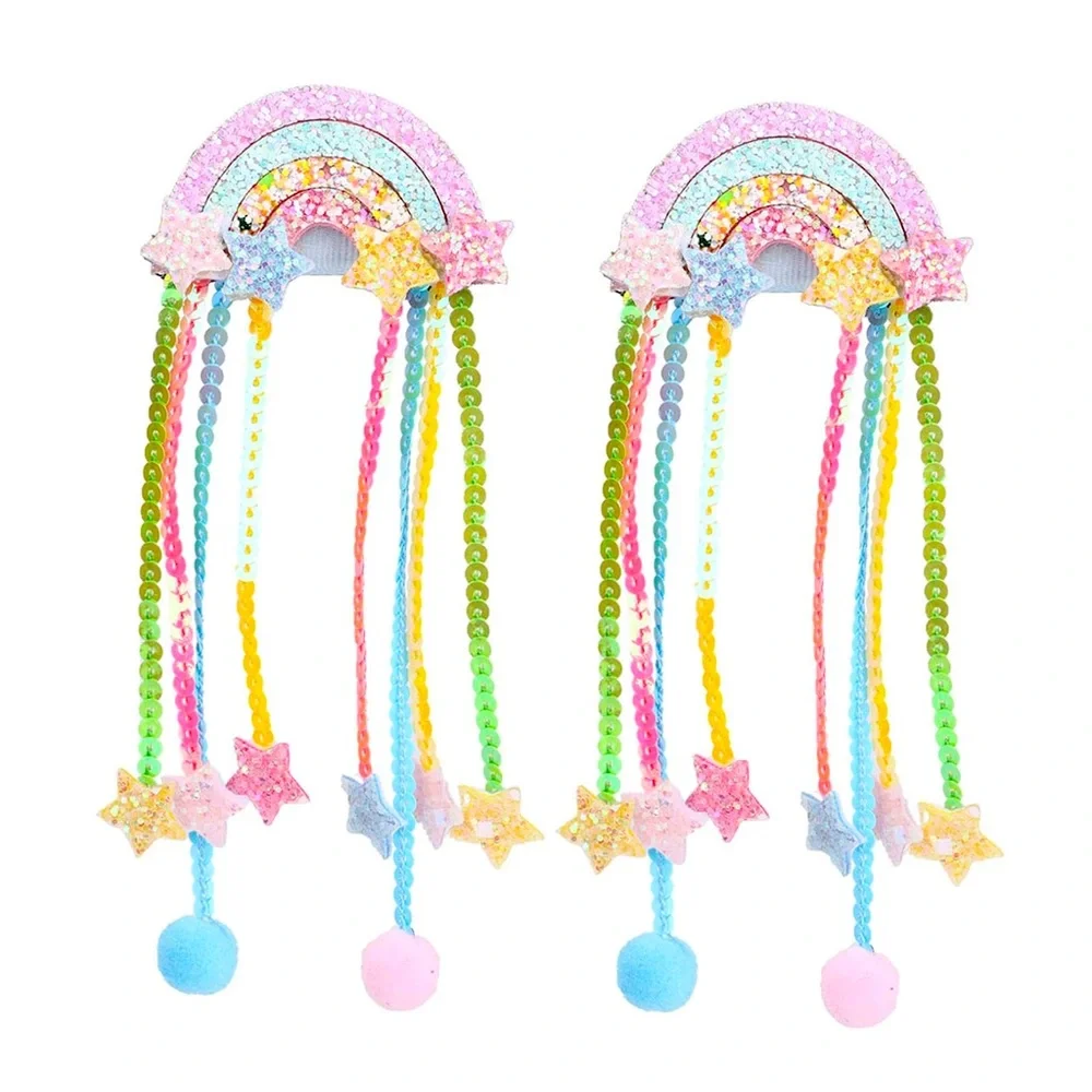 Rainbow Hair Clips with Dangling Beads and Stars